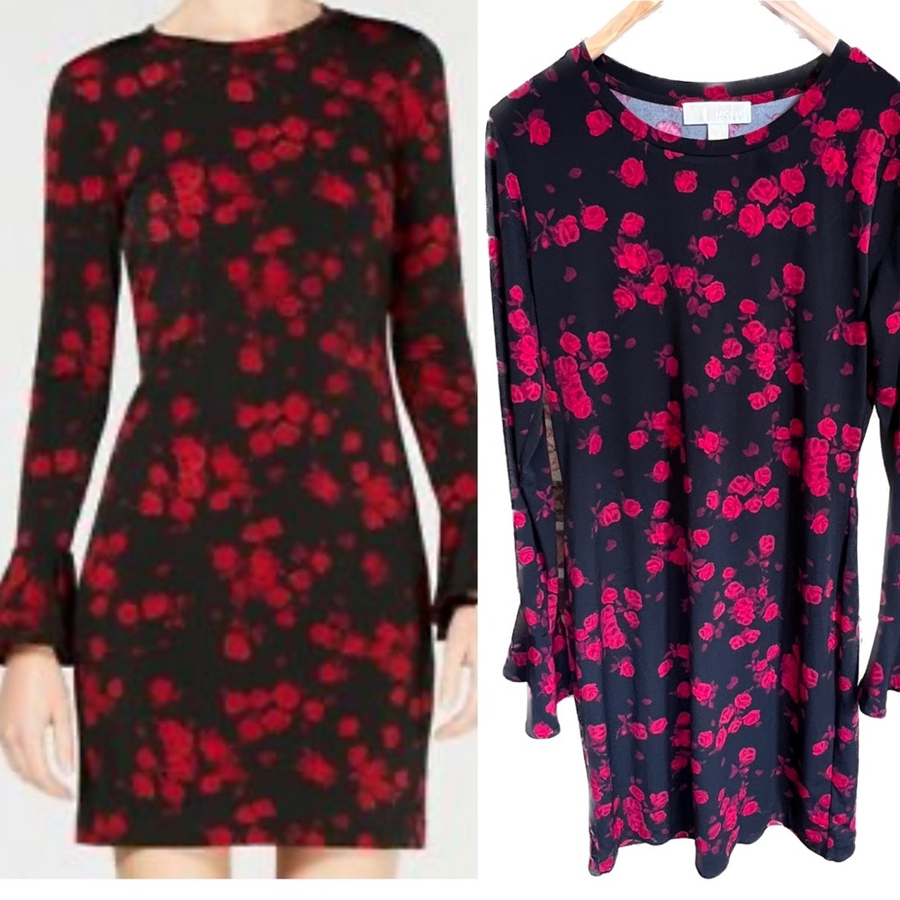 Michael Kors Women's Rose Print Bell-Sleeve Dress. Red & Black. Size Medium